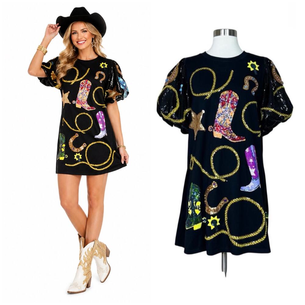 Queen of Sparkles | Cowgirl Western Rodeo Black Sequin Puff Sleeve Mini Dress L